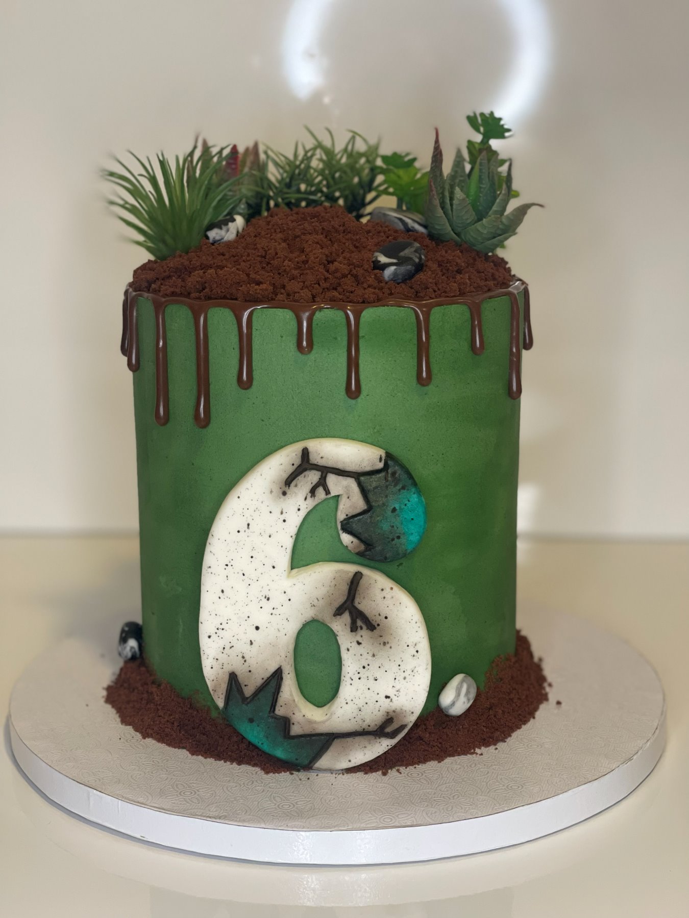 Bolo verde decorado com suculentas comestíveis e efeito de terra produzido pela Pali Cakes